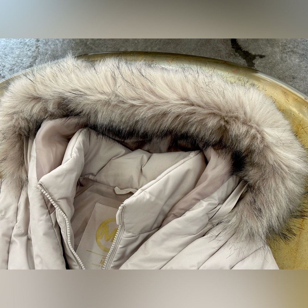 Michael Kors Champagne Belted MK Designer Fur Hood Jacket Coat Size M NWT $320 - Picture 6 of 9